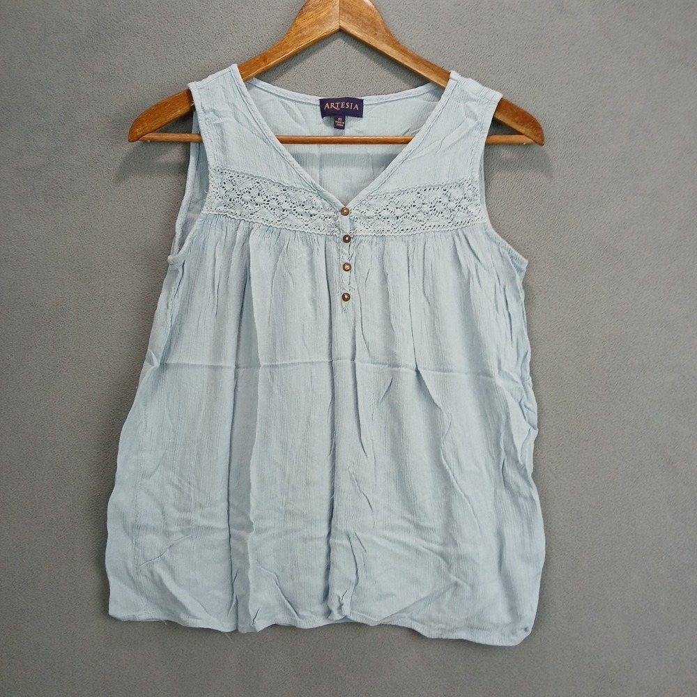 Artesia Blouse Top Womens Medium Light Blue Rayon Lace Detail V Neck Pleated